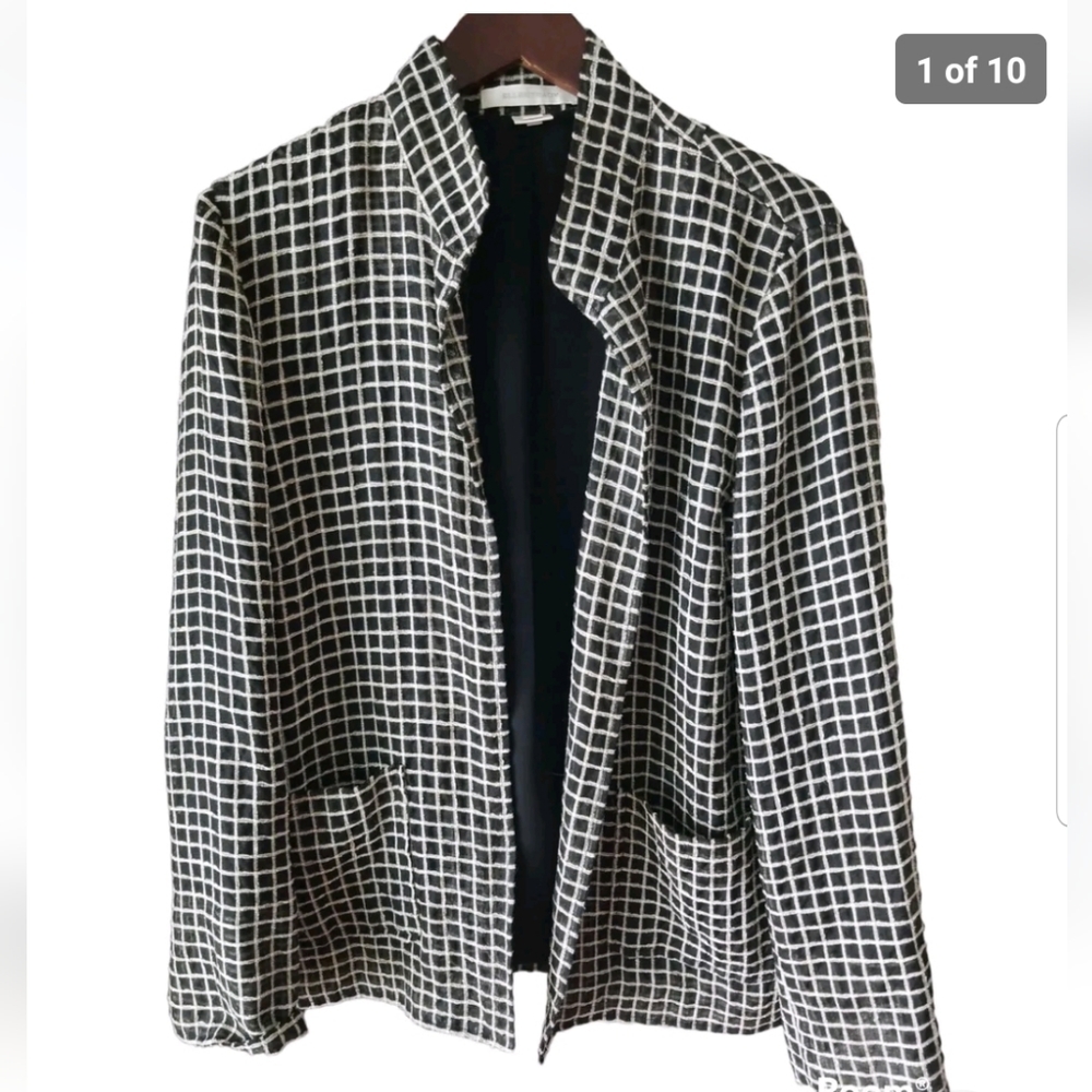 Ellen Tracy Womens Black White Open Front Blazer Jacket Scoop Pockets Size 2